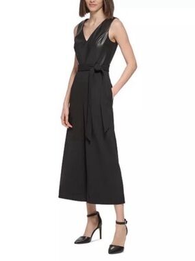 Calvin Klein Black Sleeveless V-Neck Wide-Leg Jumpsuit with Tie Waist